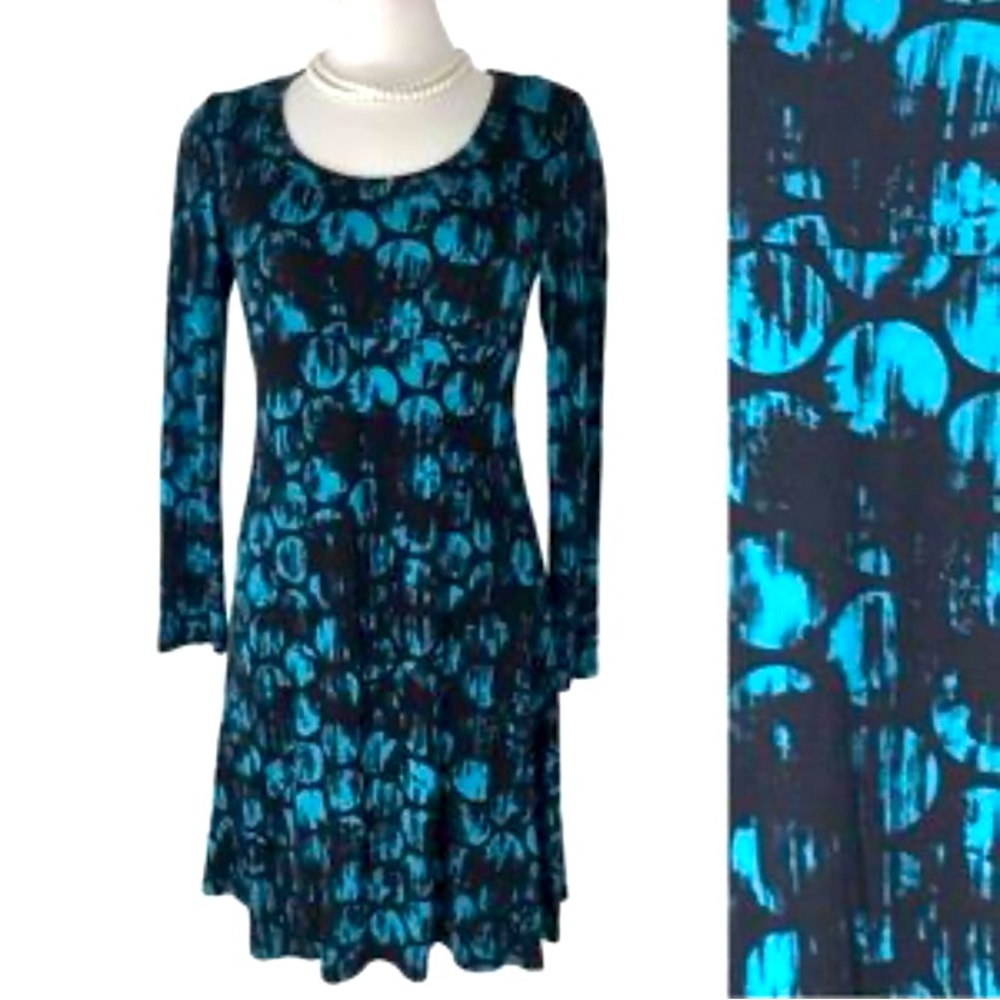 Vintage Karen Kane Blue Black Abstract Midi Dress Stretch XS NWOT